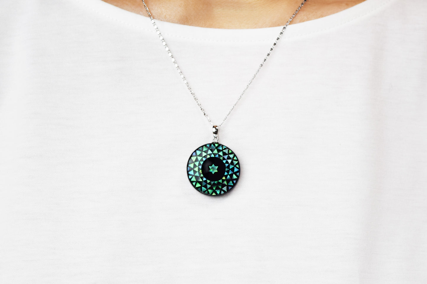 Raden Pendant Necklace - Geometry / Green Color / Small Size-, Japanese Lacquer Jewelry, Kyoto Jewelry