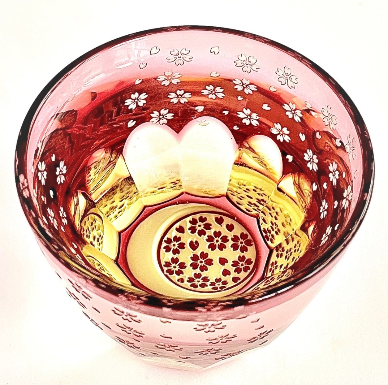 Edo Kiriko Glass Tumbler - Moonlit Cherry Blossom (Pink × Yellow)