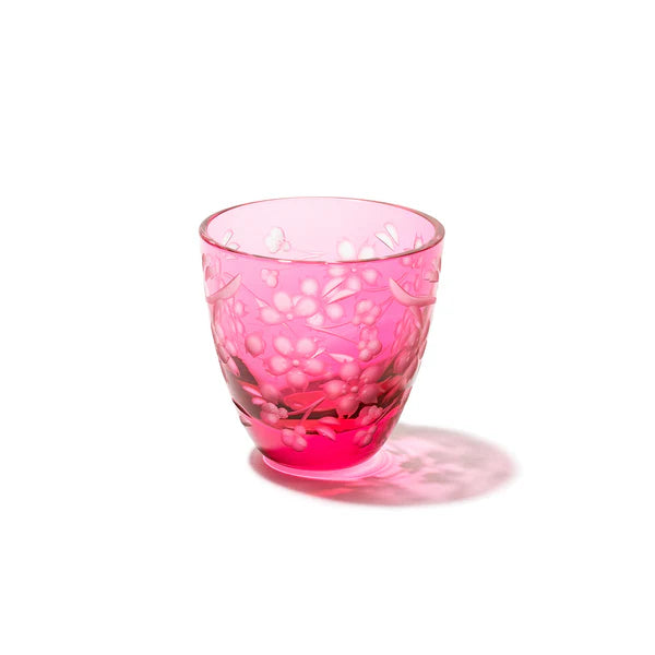 Edo Kiriko Glass Japanese Sake Cup - Cherry Blossom / Pink - , Made in Japan , traditional Japanese cut glass