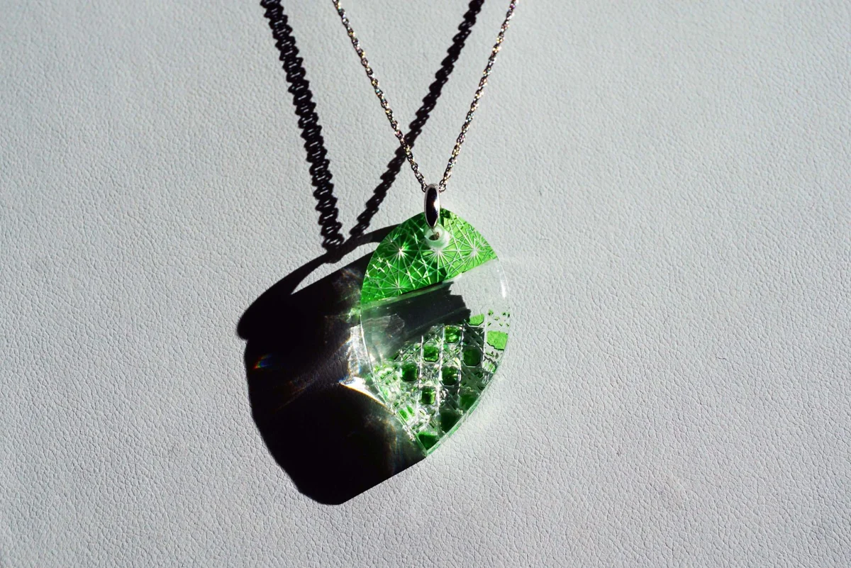 Kiriko Glass Pendant Necklace -Green-, Japanese Jewelry