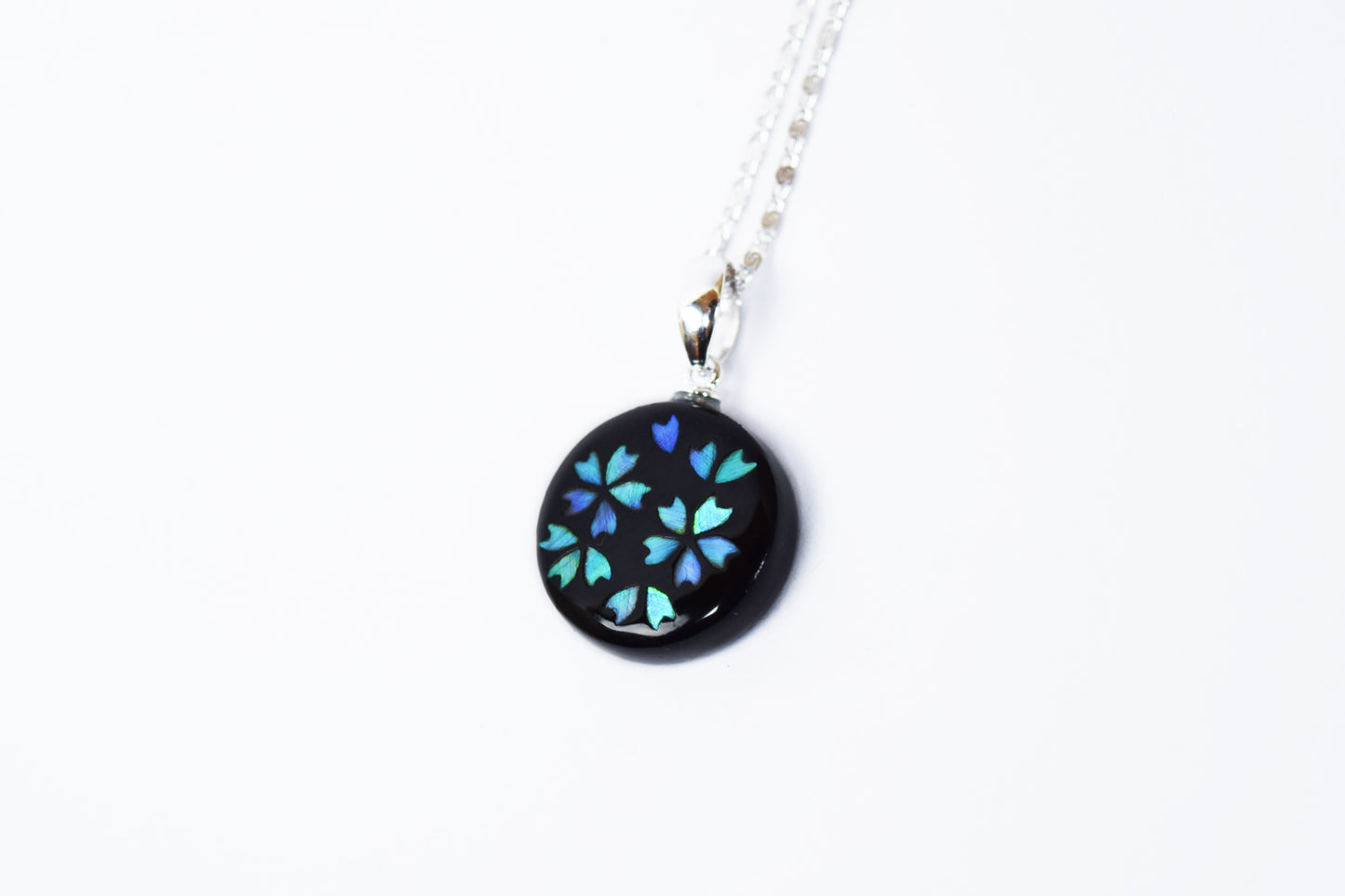 Raden Pendant Necklace - Cherry Blossom / Green Color / Medium Size-, Japanese Lacquer Jewelry, Kyoto Jewelry