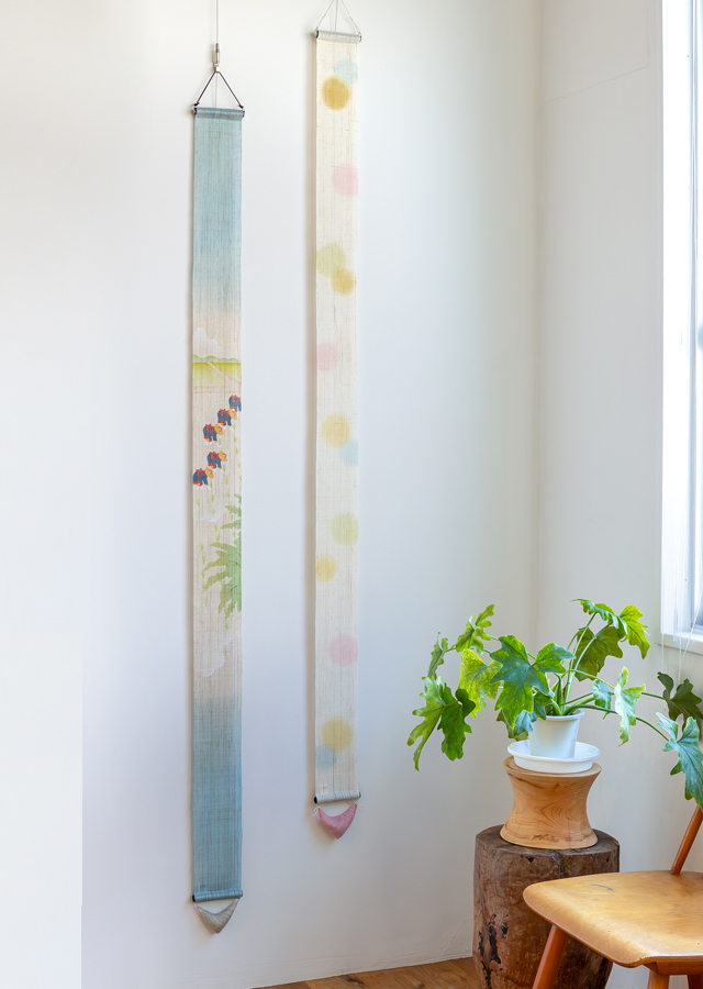 Hand-dyed Linen Japanese Narrow Tapestry - Saotome (rice planting women) -, Kyoto Noren, Japanese wall hanging scroll