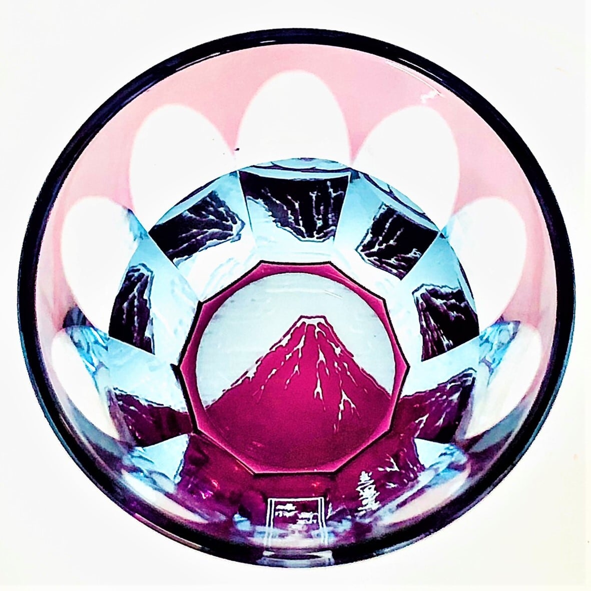 Edo Kiriko Glass Tumbler - Red Fuji by Katsushika Hokusai (Pink × Light Blue)
