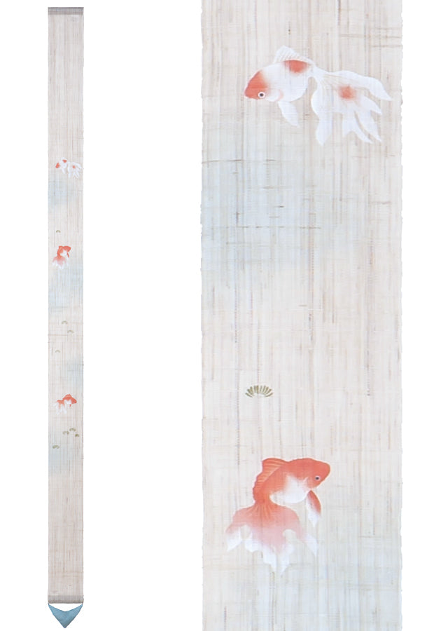 Hand-dyed Linen Japanese Narrow Tapestry - Goldfish -, Kyoto Noren, Japanese wall hanging scroll
