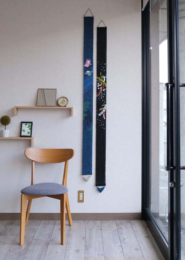 Hand-dyed Linen Japanese Narrow Tapestry - Orihime(Vega) and Hikoboshi(Altair) -, Kyoto Noren, Japanese wall hanging scroll