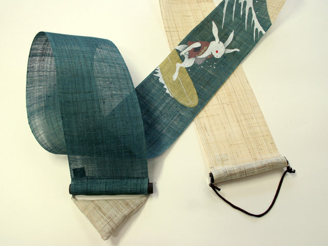 Hand-dyed Linen Japanese Narrow Tapestry - Surfing Rabbit -, Kyoto Noren, Japanese wall hanging scroll