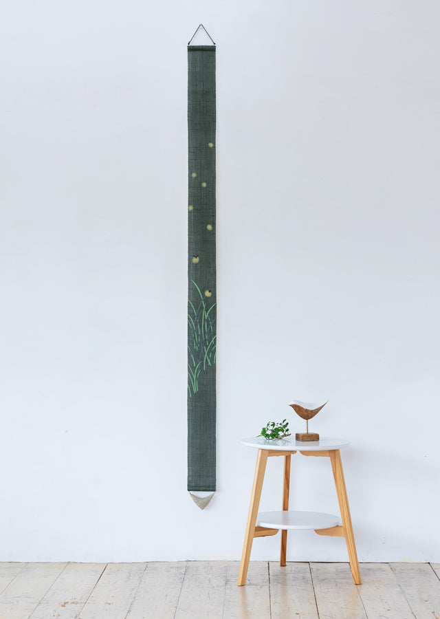 Hand-dyed Linen Japanese Narrow Tapestry - Firefly -, Kyoto Noren, Japanese wall hanging scroll