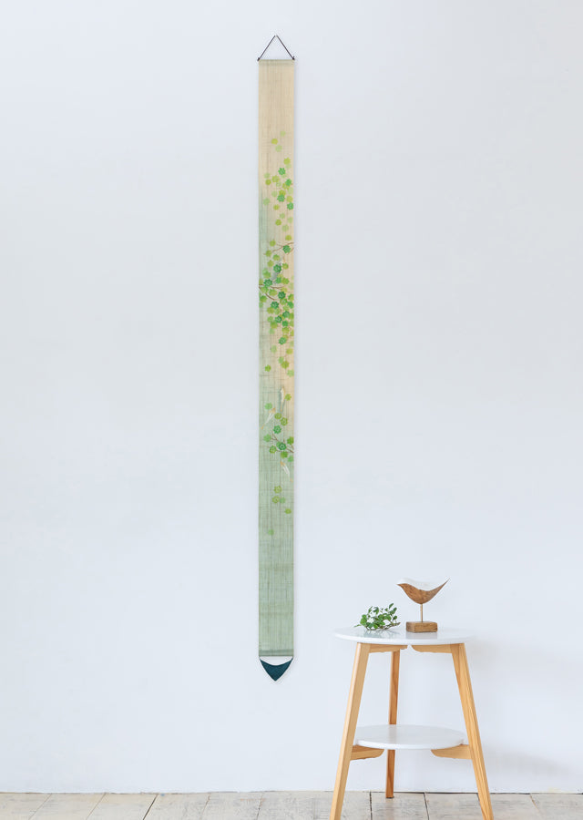 Hand-dyed Linen Japanese Narrow Tapestry - Sweetfish and Green Maple Leaf -, Kyoto Noren, Japanese wall hanging scroll