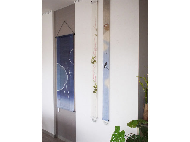 Hand-dyed Linen Japanese Narrow Tapestry - Swallow -, Kyoto Noren, Japanese wall hanging scroll