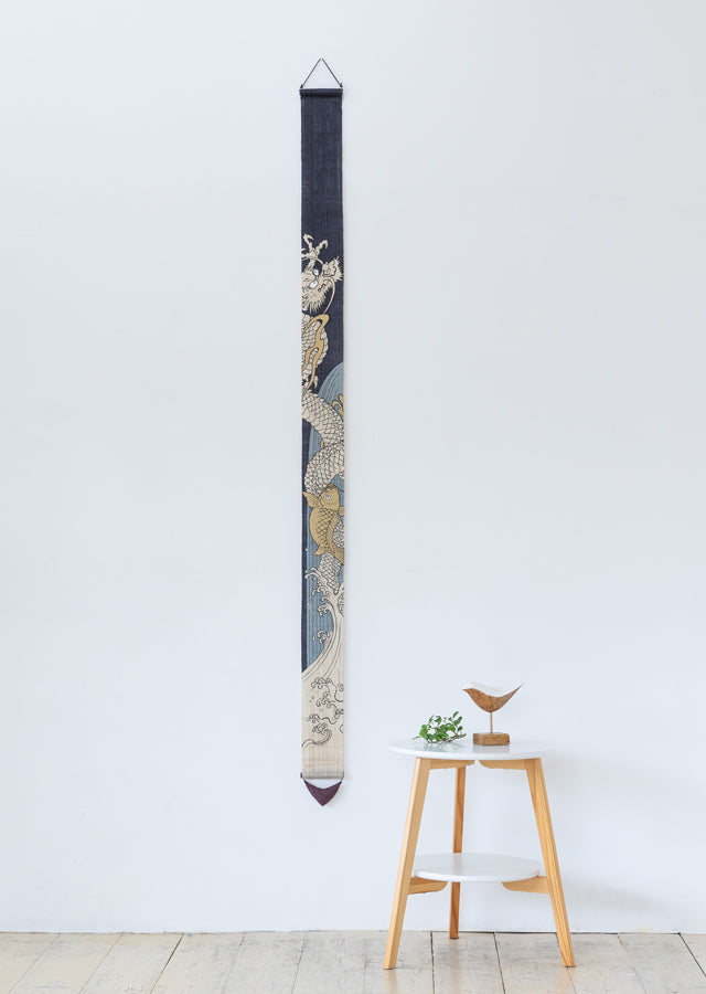 Hand-dyed Linen Japanese Narrow Tapestry - Dragon -, Kyoto Noren, Japanese wall hanging scroll