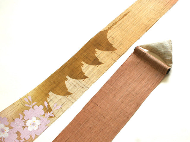 Hand-dyed Linen Japanese Narrow Tapestry - Cherry Blossom and Five-storied Pagoda -, Kyoto Noren, Japanese wall hanging scroll
