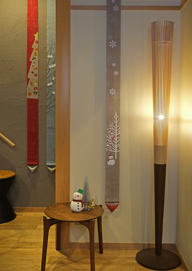 Hand-dyed Linen Japanese Narrow Tapestry - Long-tailed Tit -, Kyoto Noren, Japanese wall hanging scroll