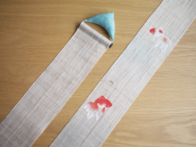 Hand-dyed Linen Japanese Narrow Tapestry - Goldfish -, Kyoto Noren, Japanese wall hanging scroll