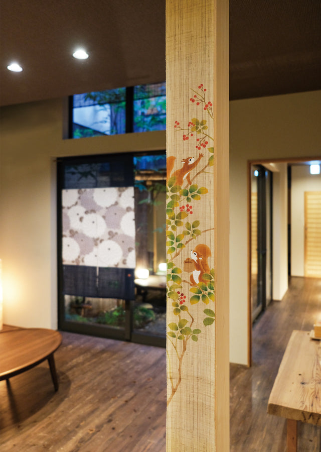 Hand-dyed Linen Japanese Narrow Tapestry - Squirrel -, Kyoto Noren, Japanese wall hanging scroll