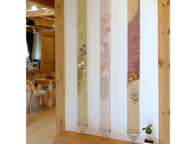 Hand-dyed Linen Japanese Narrow Tapestry - The Seven Flowers of Autumn -, Kyoto Noren, Japanese wall hanging scroll
