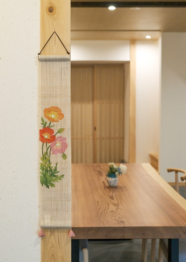Hand-dyed Linen Japanese Small Tapestry - Popy -, Kyoto Noren, Japanese wall hanging scroll