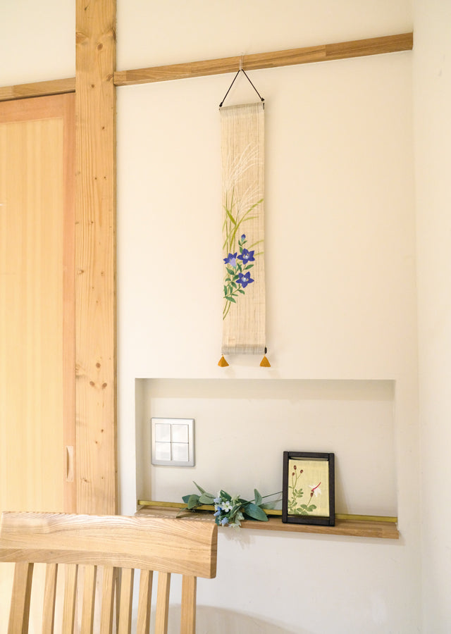 Hand-dyed Linen Japanese Small Tapestry - Japanese Pampas Grass and Balloon Flower -, Kyoto Noren, Japanese wall hanging scroll