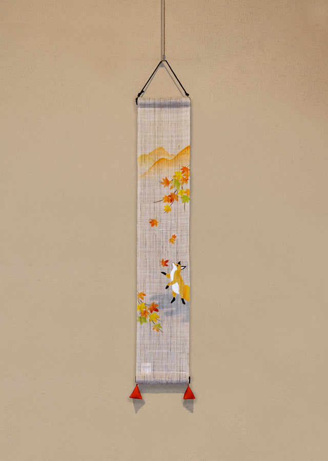Hand-dyed Linen Japanese Small Tapestry - Fox and Autumn Leaves -, Kyoto Noren, Japanese wall hanging scroll