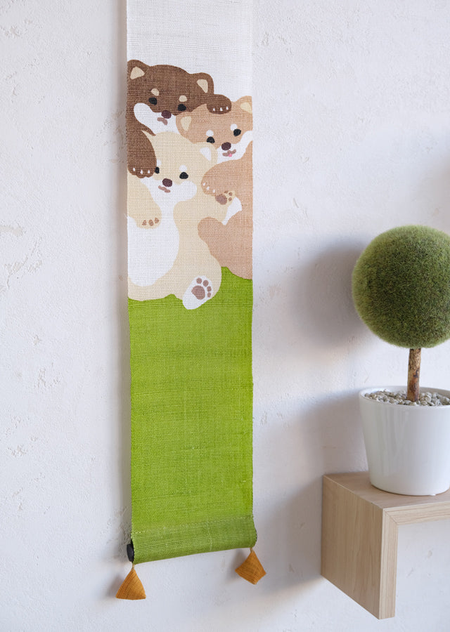 Hand-dyed Linen Japanese Small Tapestry - Japanese Shiba Inu -, Kyoto Noren, Japanese wall hanging scroll