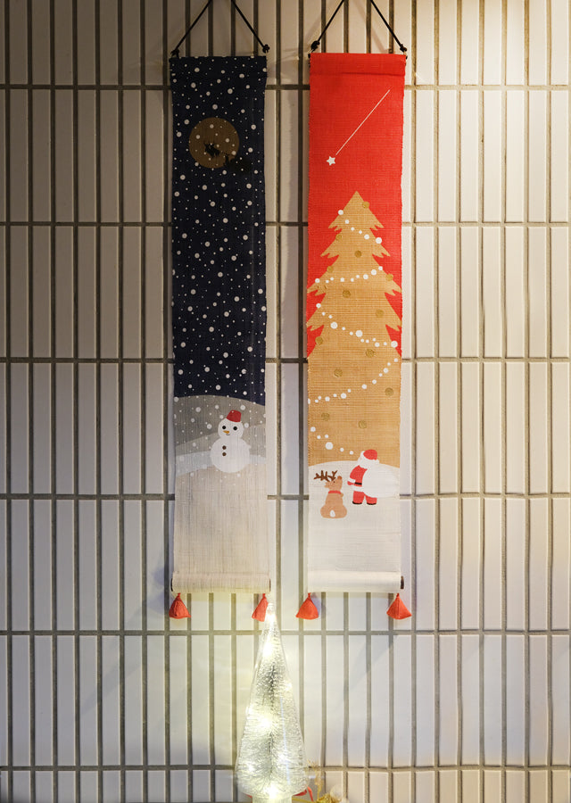 Hand-dyed Linen Japanese Small Tapestry - Christmas Night -, Kyoto Noren, Japanese wall hanging scroll