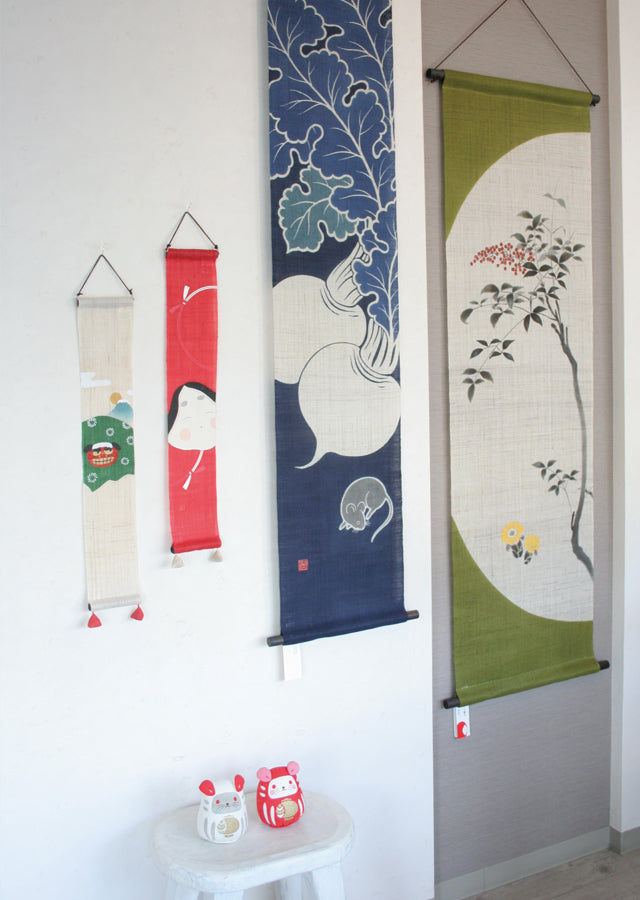 Hand-dyed Linen Japanese Small Tapestry - Shishimai (Japanese lion dance) -, Kyoto Noren, Japanese wall hanging scroll
