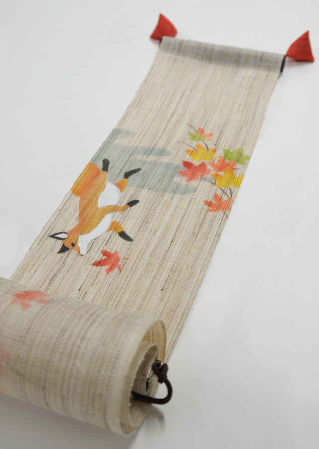 Hand-dyed Linen Japanese Small Tapestry - Fox and Autumn Leaves -, Kyoto Noren, Japanese wall hanging scroll