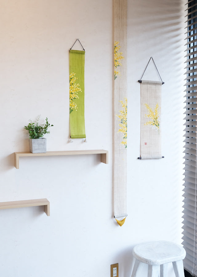 Hand-dyed Linen Japanese Small Tapestry - Mimosa -, Kyoto Noren, Japanese wall hanging scroll