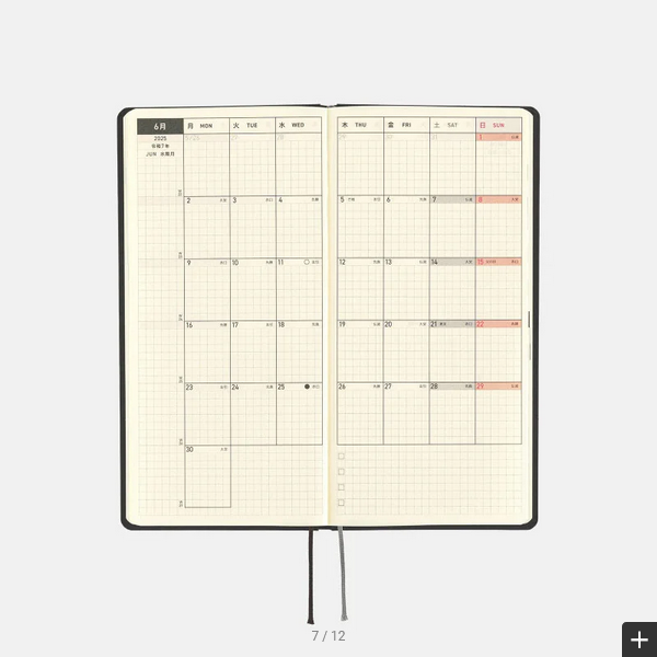 Hobonichi Techo 2025 Paper Series: Black Gingham Weeks Hardcover Book / Weekly Horizontal / January start / Monday start - English Edition
