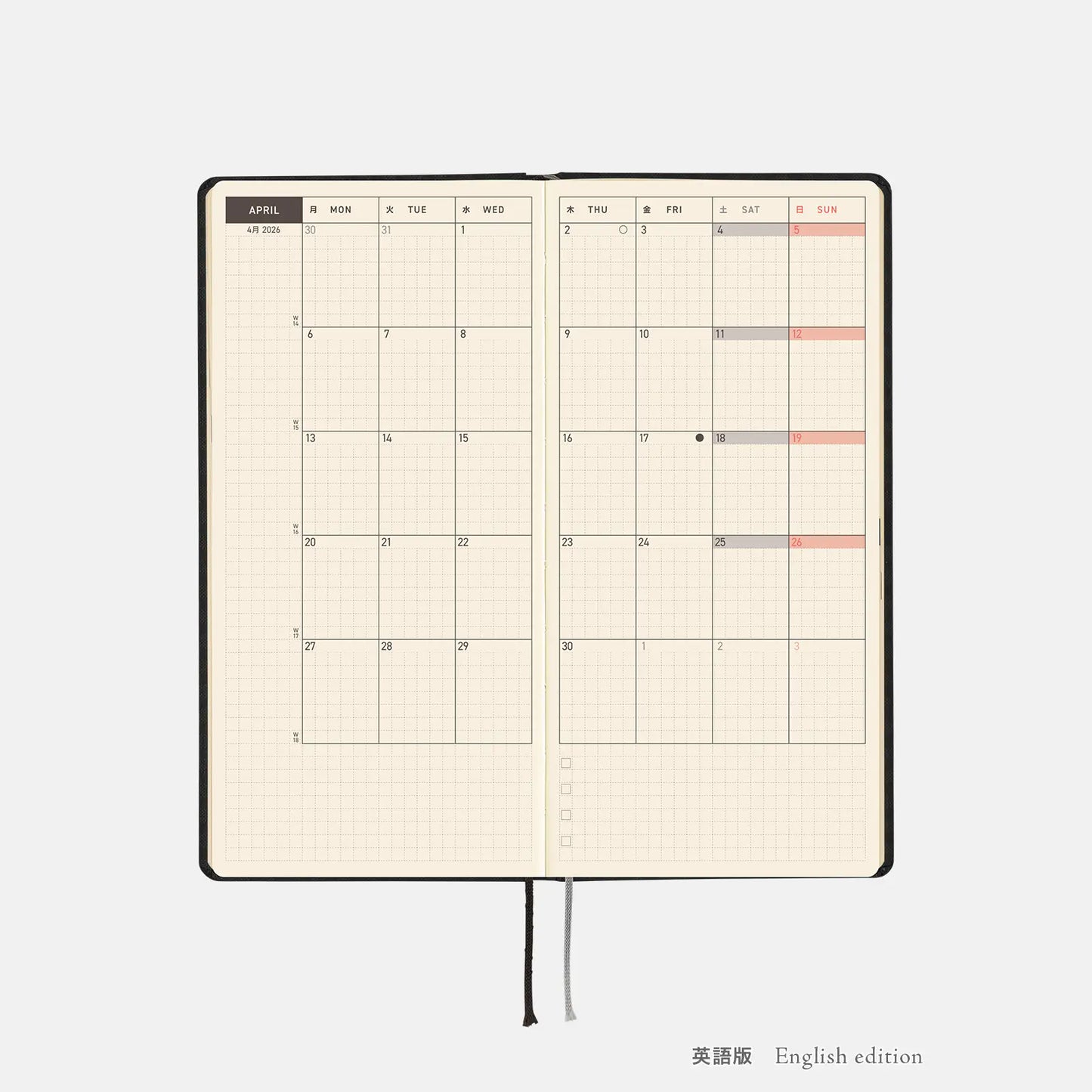 PRE-ORDER Hobonichi Techo 2026 Paper Series: Black Gingham Weeks Hardcover Book / Weekly Horizontal / Jan start / Mon start - English Edition