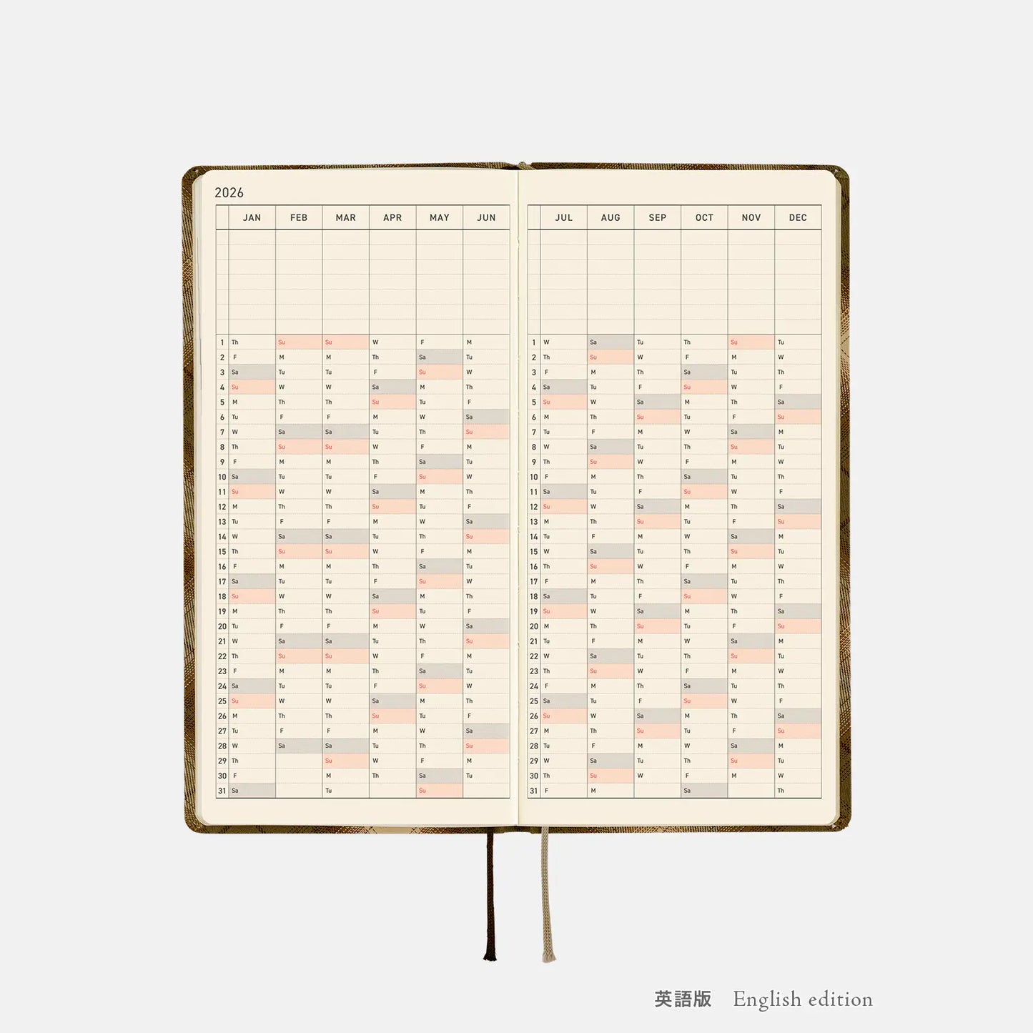 PRE-ORDER Hobonichi Techo 2026 Shirt Fabric: Foggy Plaid Weeks Hardcover Book / Weekly Horizontal / Jan start / Mon start - English Edition