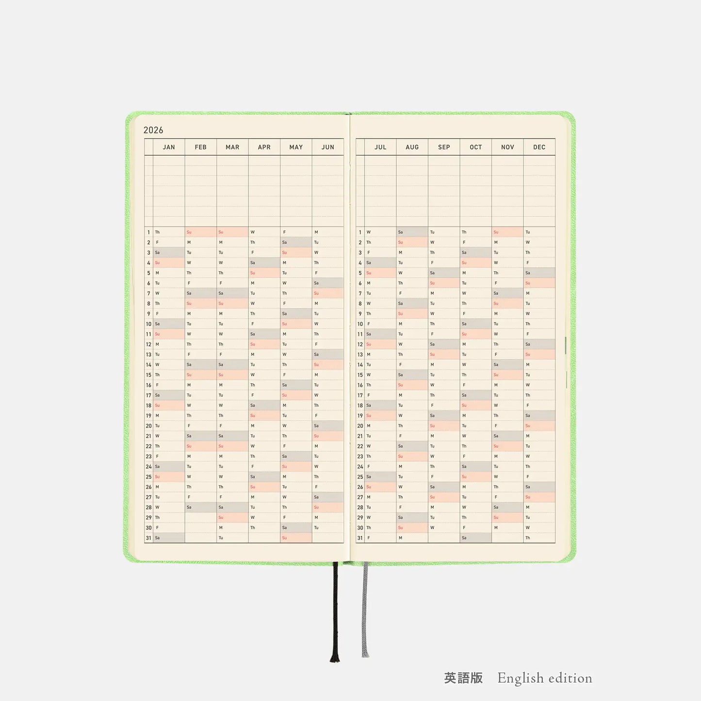 PRE-ORDER Hobonichi Techo 2026 Smooth: Melon Sorbet Weeks Hardcover Book / Weekly Horizontal / Jan start / Mon start - English Edition