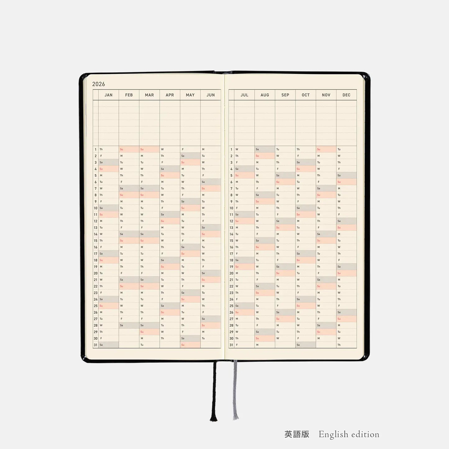 PRE-ORDER Hobonichi Techo 2026 Yumi Kitagishi: White Cat’s Daily Life Weeks Hardcover Book / Weekly Horizontal / Jan start / Mon start - English Edition