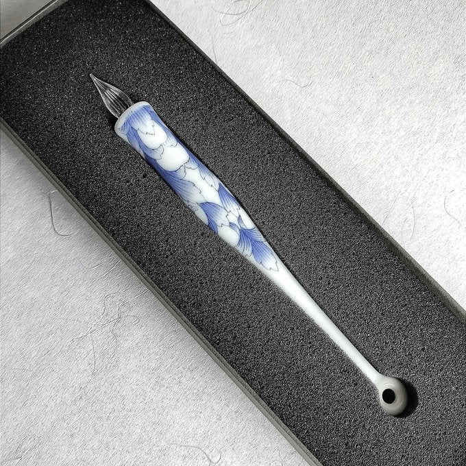Imari Yaki(ware) Body Glass Dip Pen - White and Blue Flower Pattern -, Japanese glass dip pen