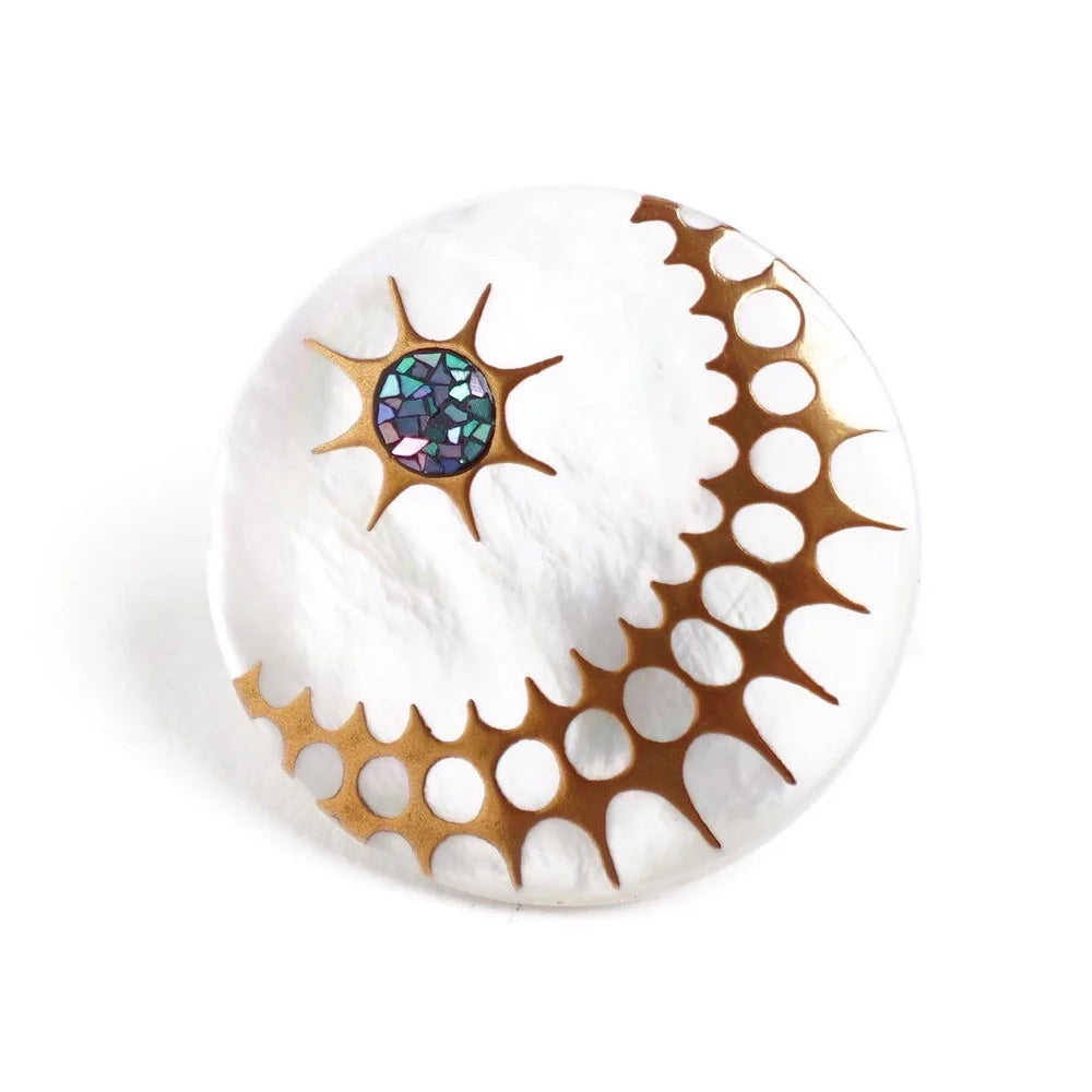Maki-e Urushi Lacquer Brooch - White South Sea Pearl Shell / Sunshine -, Traditional Japanese Urushi Lacquer Jewelry