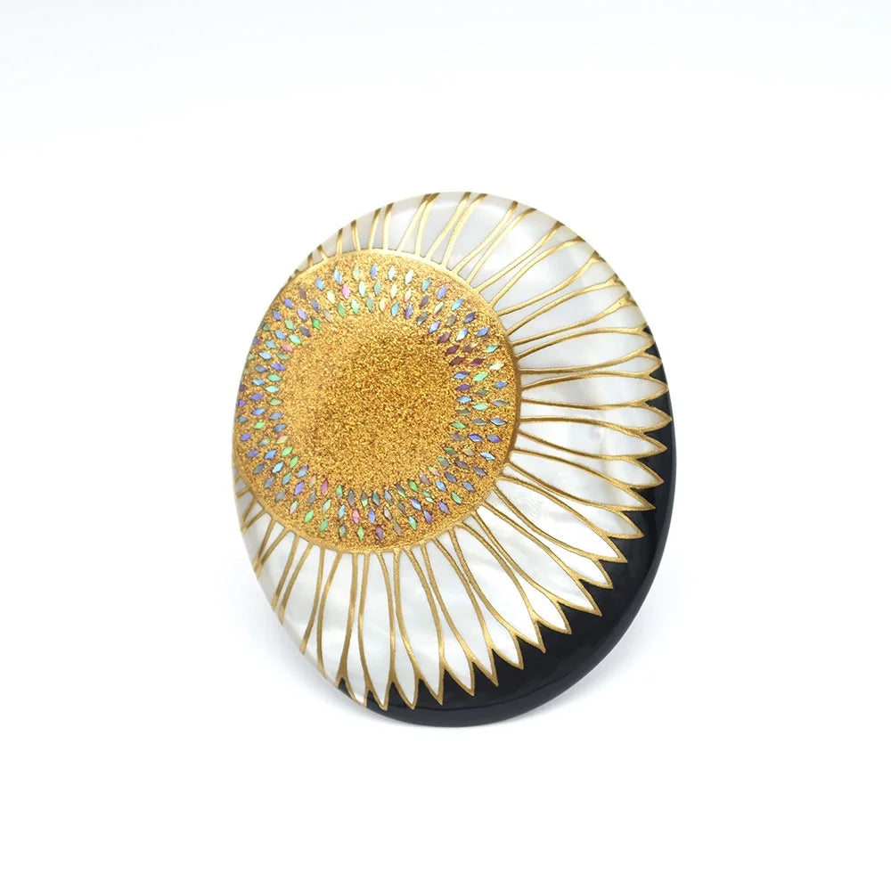 Maki-e Urushi Lacquer Brooch - White South Sea Pearl Shell / Sunflower -, Traditional Japanese Urushi Lacquer Jewelry