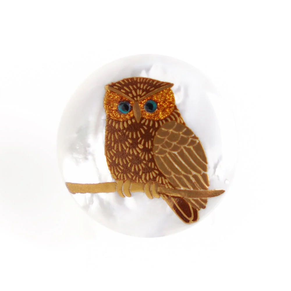 Maki-e Urushi Lacquer Brooch - White South Sea Pearl Shell / Owl -, Traditional Japanese Urushi Lacquer Jewelry