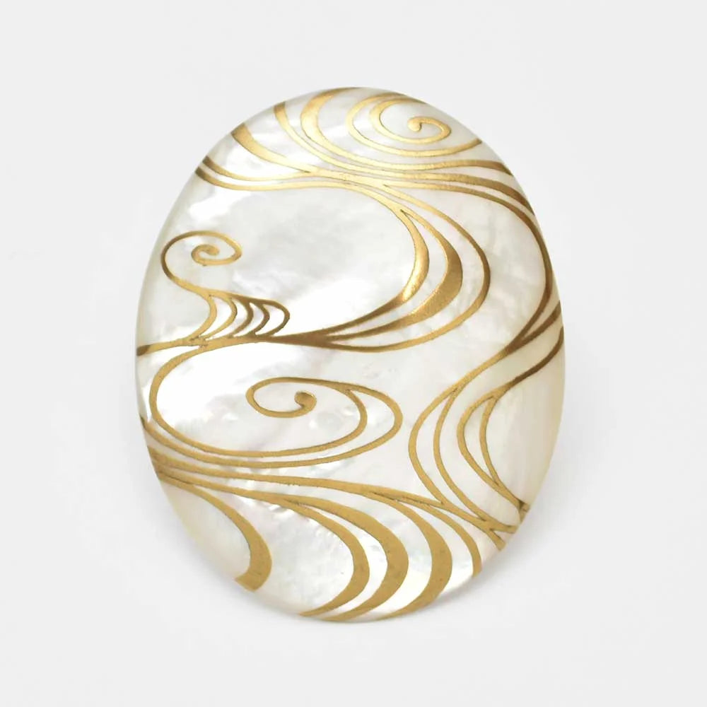 Maki-e Urushi Lacquer Brooch - White South Sea Pearl Shell / Flowing Water -, Traditional Japanese Urushi Lacquer Jewelry