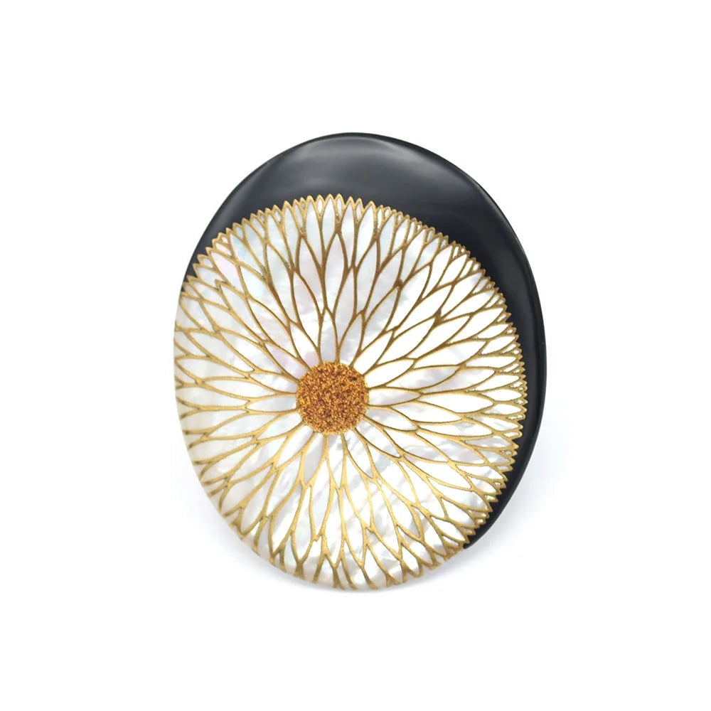 Maki-e Urushi Lacquer Brooch - White South Sea Pearl Shell / Chrysanthemum -, Traditional Japanese Urushi Lacquer Jewelry