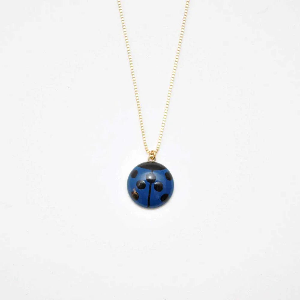 Maki-e Urushi Lacquer Pendant Necklace - White South Sea Pearl Shell / Ladybug / Blue -, Traditional Japanese Urushi Lacquer Jewelry