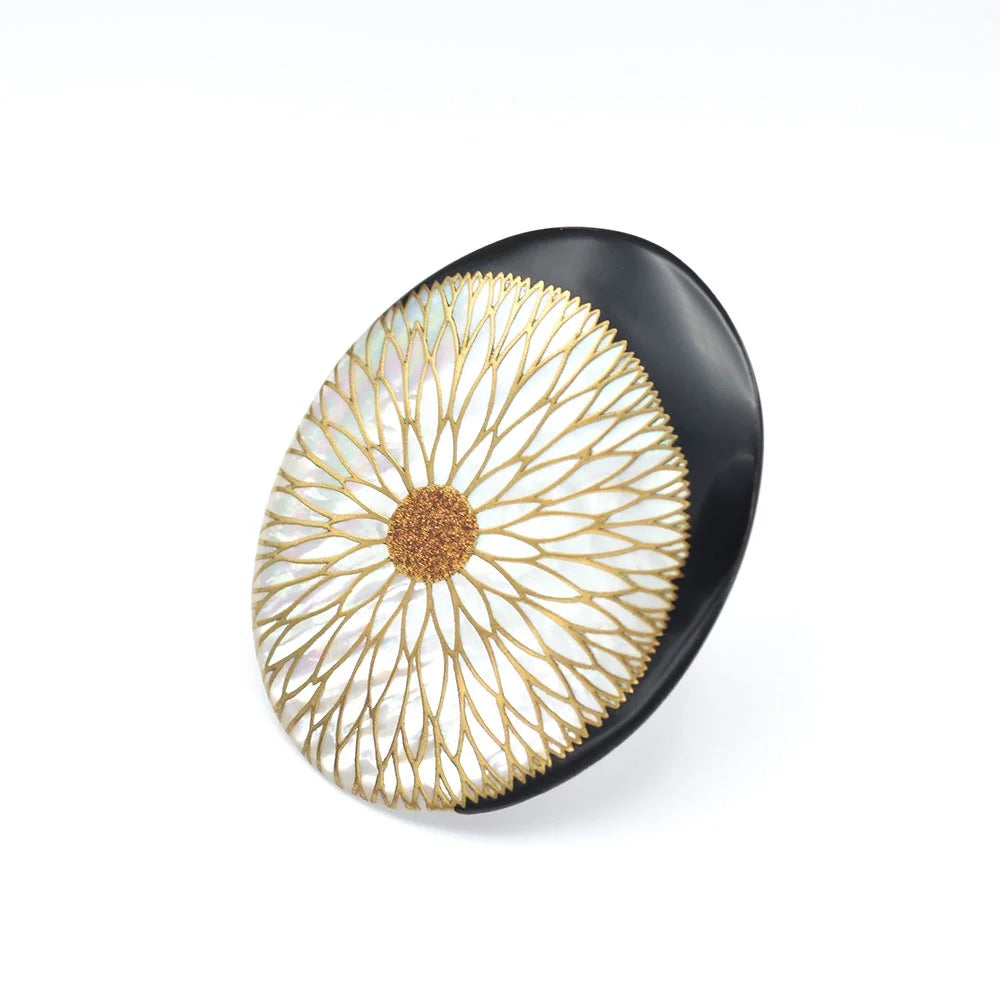 Maki-e Urushi Lacquer Brooch - White South Sea Pearl Shell / Chrysanthemum -, Traditional Japanese Urushi Lacquer Jewelry