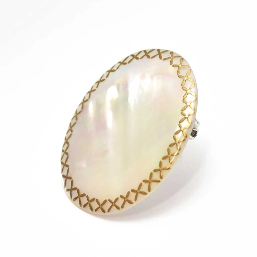 Maki-e Urushi Lacquer Brooch - White South Sea Pearl Shell / Frame Design -, Traditional Japanese Urushi Lacquer Jewelry