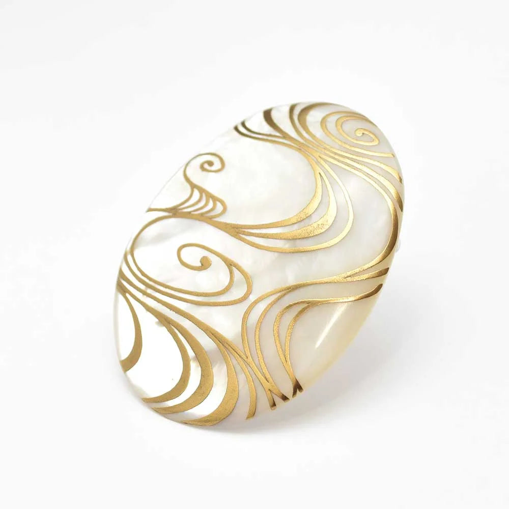 Maki-e Urushi Lacquer Brooch - White South Sea Pearl Shell / Flowing Water -, Traditional Japanese Urushi Lacquer Jewelry