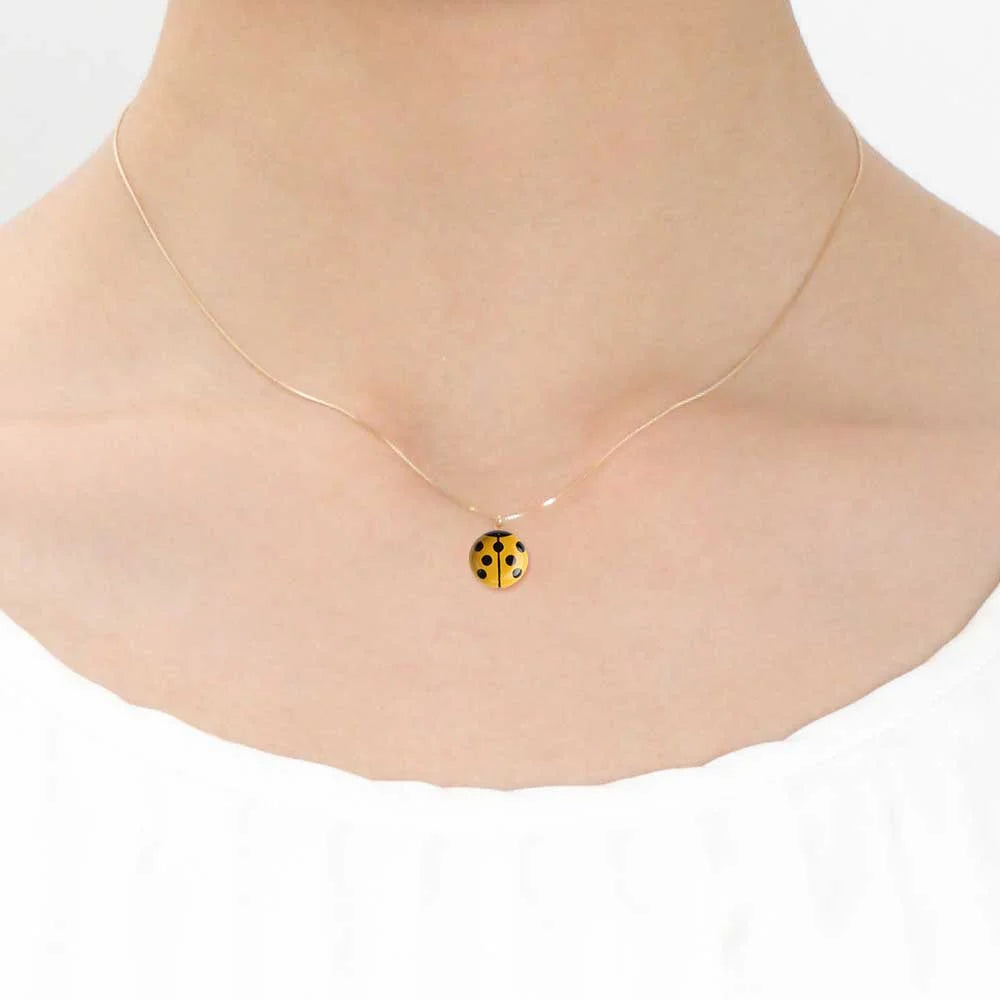 Maki-e Urushi Lacquer Pendant Necklace - White South Sea Pearl Shell / Ladybug / Black -, Traditional Japanese Urushi Lacquer Jewelry