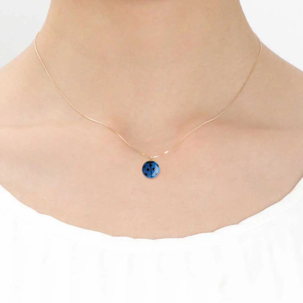 Maki-e Urushi Lacquer Pendant Necklace - White South Sea Pearl Shell / Ladybug / Blue -, Traditional Japanese Urushi Lacquer Jewelry