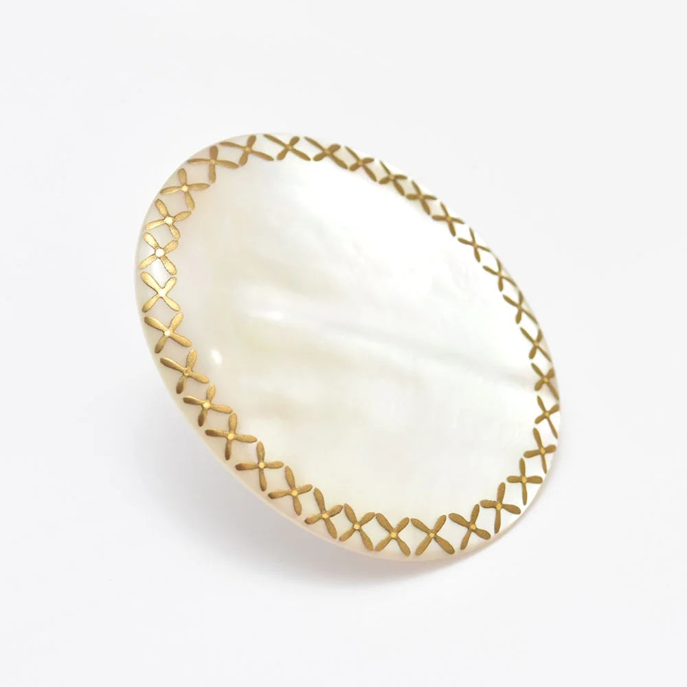 Maki-e Urushi Lacquer Brooch - White South Sea Pearl Shell / Frame Design -, Traditional Japanese Urushi Lacquer Jewelry