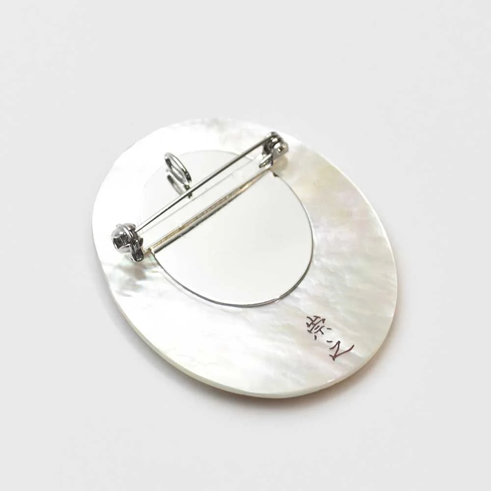 Maki-e Urushi Lacquer Brooch - White South Sea Pearl Shell / Flowing Water -, Traditional Japanese Urushi Lacquer Jewelry