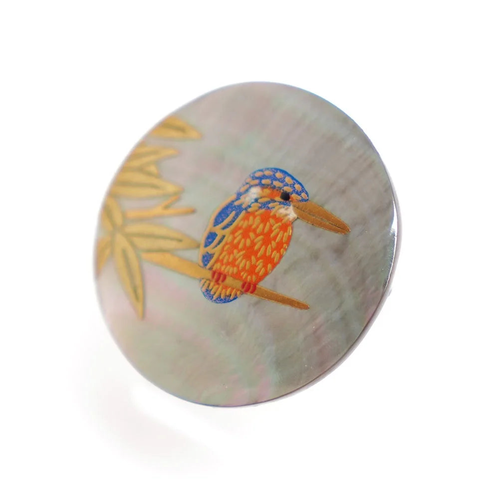 Maki-e Urushi Lacquer Brooch - Black Lip Oyster Pearl Shell / Kingfisher -, Traditional Japanese Urushi Lacquer Jewelry