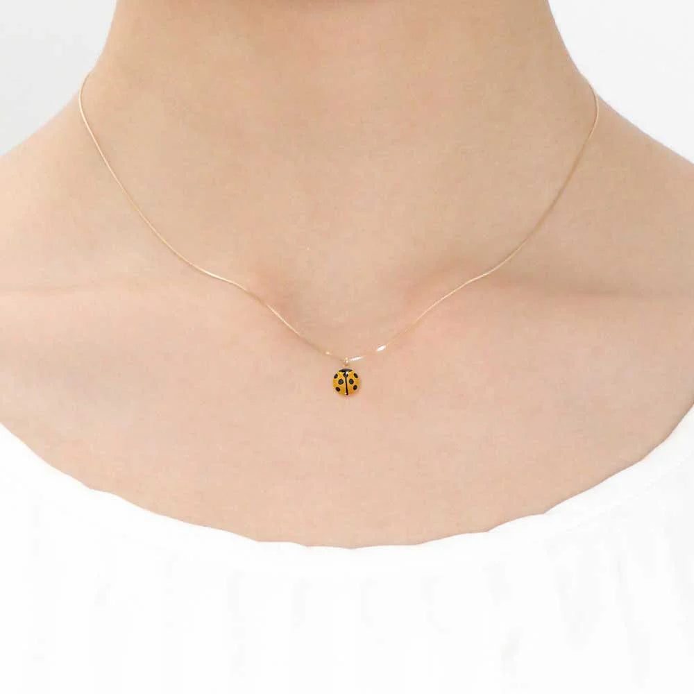 Maki-e Urushi Lacquer Pendant Necklace - White South Sea Pearl Shell / Ladybug / Black -, Traditional Japanese Urushi Lacquer Jewelry