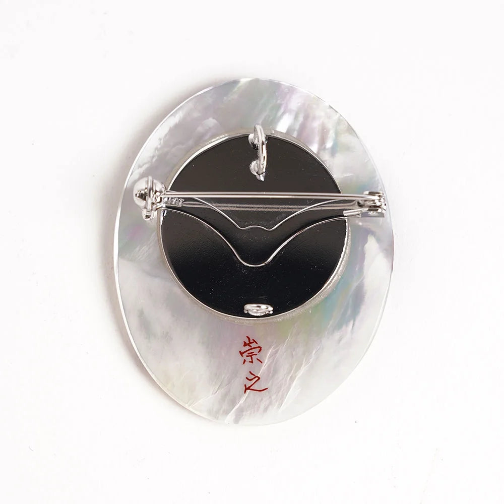 Maki-e Urushi Lacquer Brooch - White South Sea Pearl Shell / Plum -, Traditional Japanese Urushi Lacquer Jewelry