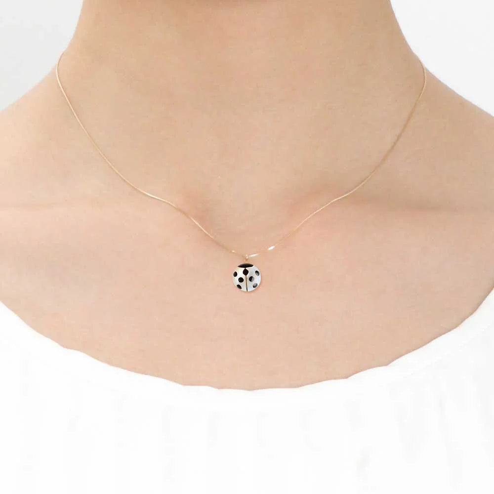 Maki-e Urushi Lacquer Pendant Necklace - White South Sea Pearl Shell / Ladybug / White -, Traditional Japanese Urushi Lacquer Jewelry